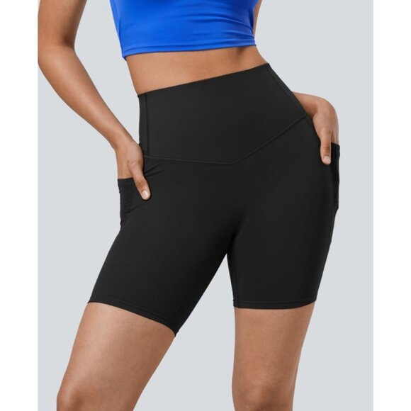 Halara So Cinched Side Pocket High Waisted Biker Yoga Shorts Sz Large Black - Picture 1 of 10